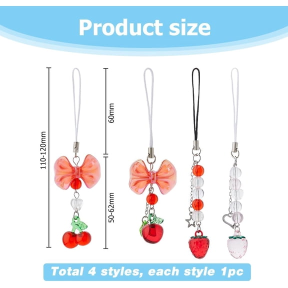 1set Acrylic Mobile Straps Strawberry & Cherry Mixed color 11~12cm 4pcs/set