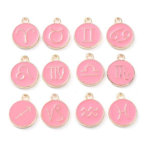 1set Alloy Enamel Pendants Flat Round with Constellation Cerise 15x12x2mm Hole: 1.5mm about 12pcs/set