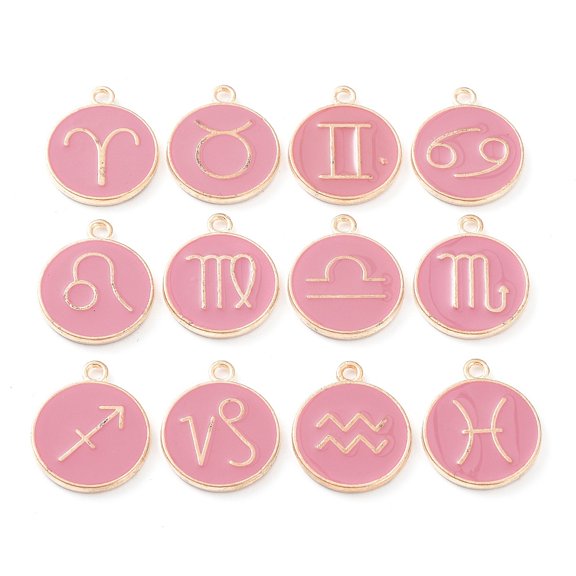 1set Alloy Enamel Pendants Flat Round with Constellation Cerise 22x18x2mm Hole: 1.5mm about 12pcs/set