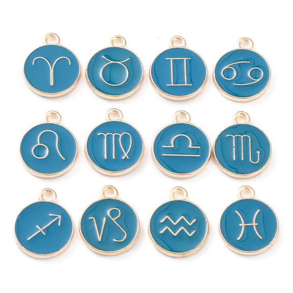 1set Alloy Enamel Pendants Flat Round with Constellation Dark Cyan 15x12x2mm Hole: 1.5mm about 12pcs/set