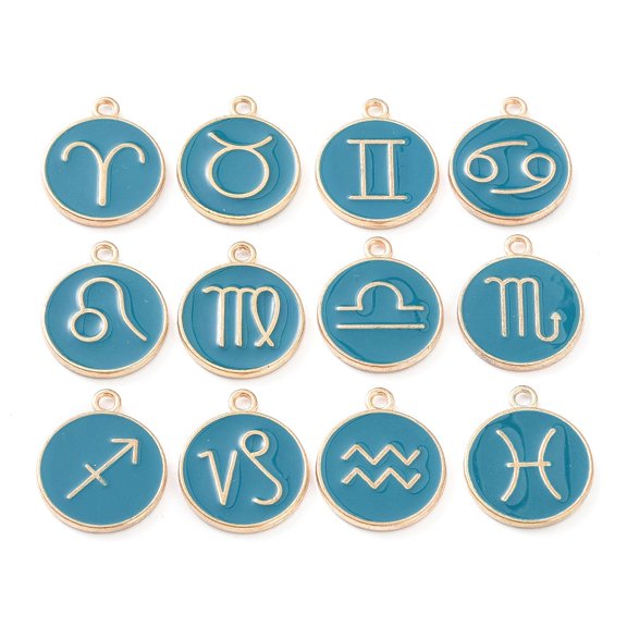 1set Alloy Enamel Pendants Flat Round with Constellation Dark Cyan 22x18x2mm Hole: 1.5mm about 12pcs/set