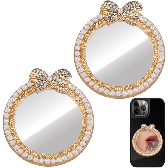 1set Alloy Glass Rhinestones Makeup Mirror for Phone Cases Phone Stick on Portable Phone Mirror with Acrylic Double-sided Tape Flat Round Golden DIY