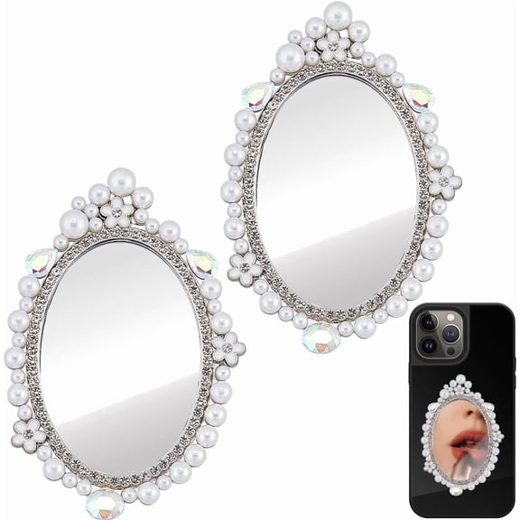1set Alloy Glass Rhinestones Makeup Mirror for Phone Cases Phone Stick on Portable Phone Mirror with Acrylic Double-sided Tape Oval Platinum DIY