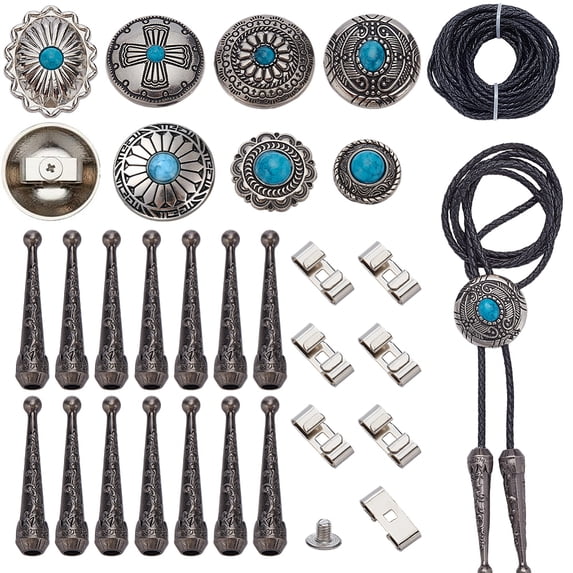 1set Alloy & Imitation Turquoise Bolo Tie Buckle Making Findings Kits Antique Silver 30mm