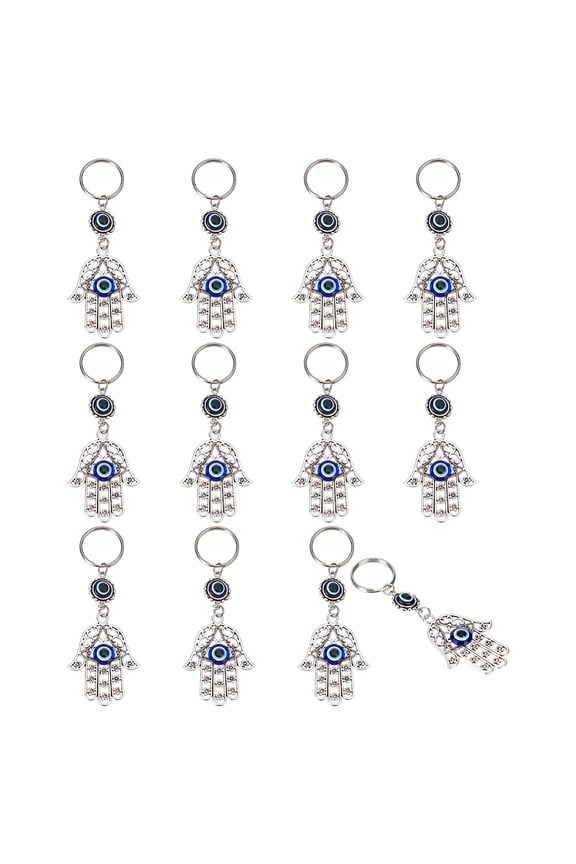 1set Alloy Keychains with 304 Stainless Steel Rings Hamsa Hand with Silver 105mm