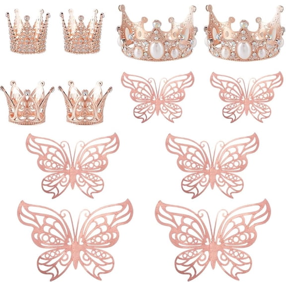 1set Alloy Rhinestones Crown Cake Decoration with Paper Wall Stickers for Birthday Cake Decoration Rose golden 55~85x78~120x0.2mm
