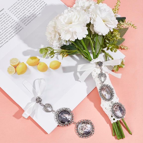 1set Alloy Wedding Bouquet Decoration with Dome Glass Cabochons Oval & Flat Round Antique Silver 120~128mm