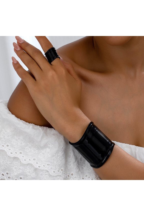 1set Alloy Wide Cuff Bangles & Cuff Rings set Black Inner Diameter: 60mm