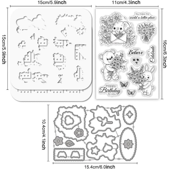 1set Animal Theme Scrapbook Making Kits including 1 sheet PVC Plastic Stamp 2pcs PET Hollow out Drawing Painting Stencils and 1pc Carbon Steel Cutting Dies Stencils Mixed Shapes 160x110mm