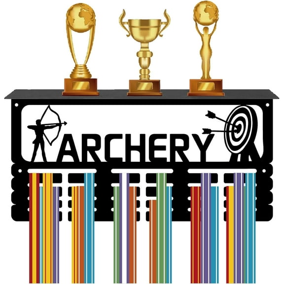 1set Archery Medal Holder Trophy Shelf Medal Hanger Display with Shelf Stand Sports 4 Rows Wall Mount Hold 70+ Medals for Men Gymnastics Soccer Running Swimming Awards Rack 15.7 x 7.9 Inch Black