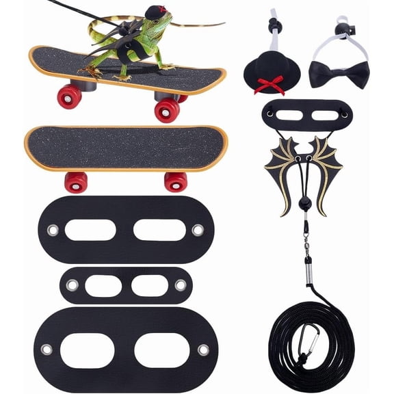 1set Bearded Dragon Lizard Leash Harness Set with Bowknot Collar Hat Collar Scooter 3 Size Dinosaur Wing Lizard Harness Leash Adjustable Small Animal Harness for Lizard Reptile and Small Pet Black