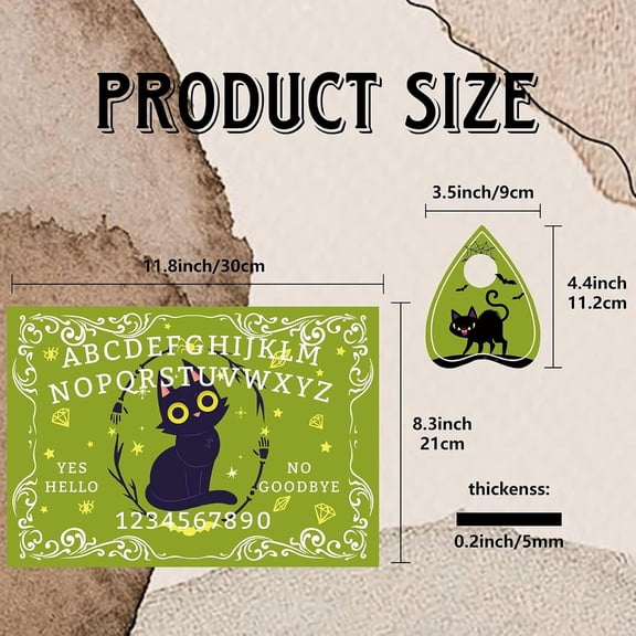 1set Black Cat Pendulum Dowsing Divination Board Wooden Spirit Board Pendulum Board Green Talking Board Kit Metaphysical Message with Planchette for Witchcraft Altar Supplies 11.8x8.3Inch