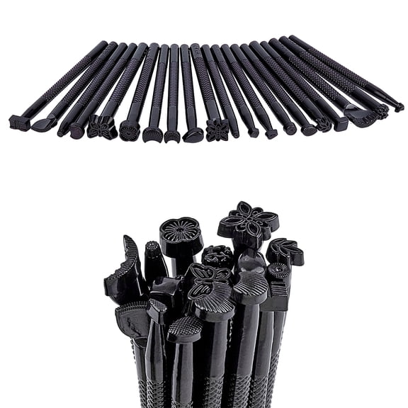1set Black Leather Stamping Tool set 20pcs Mixed Shape Pattern Drill Steel Saddle Making Punch Carving Leather Craft Working