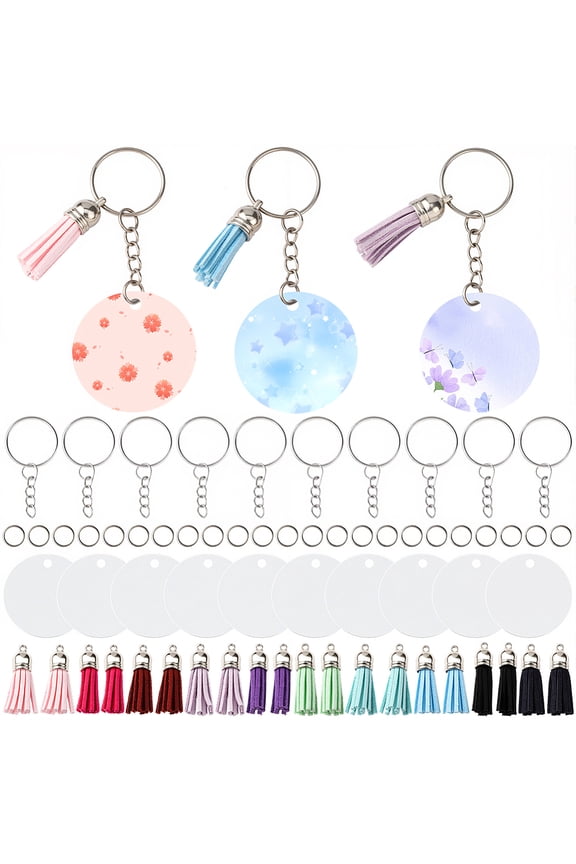 1set Blank Double-sided Heat Transfer Aluminium Keychain Making Kits include Suede Tassel and Iron Split Key Rings Flat Round 40x1mm Hole: 3.8mm DIY