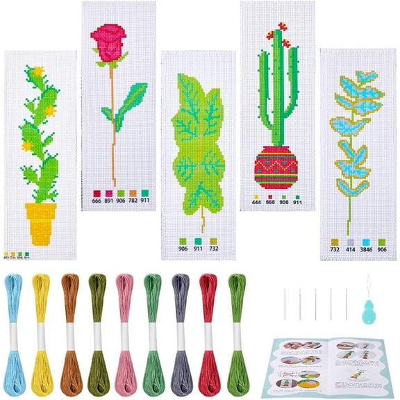 1set Bookmark Cross-Stitch Kit with Embroidery Threads and Fabric and Needle and Needle-Threading Device Cactus 1mm Threads: 9 colors