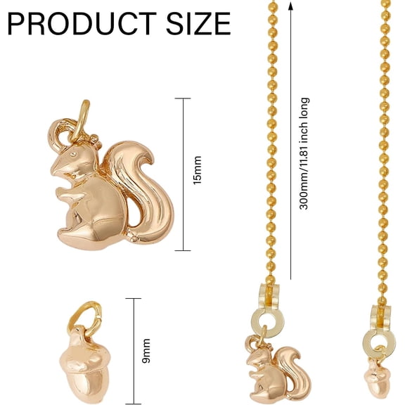 1set Brass Ceiling Fan Pull Chain Extenders with Iron Ball Chain Squirrel & Acorn Golden 326~333mm 4pcs/set