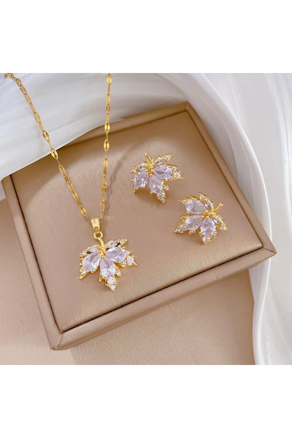 1set Brass Micro Pave Cubic Zirconia Necklace & Stud Earrings Stainless Steel Chain Necklace Golden Leaf 400mm