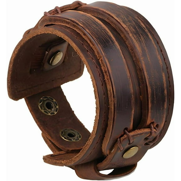 1set Brown Punk Genuine Leather Wrap Wristband Gothic Wide Cowhide Leather Cuff Bracelet Adjustable Handmad Bangle Arm Armor with Snap Button Clasp for Men Women Costume Party Brown