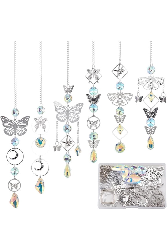 1set Butterfly Hanging Suncatcher Making Kits include Stainless Steel Connector Glass Pendants Brass Linking Rings Jump Rings Iron S-Hook Clasps Mixed color 30x50.5x0.3mm Hole: 1.6mm
