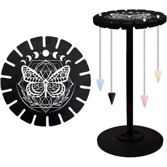 1set Butterfly Pendulum Display Stand Display Shelf Divination Pendulum Storage Rack with Wooden Wheel Wooden Stick for Stone Pendant Supplies Decoration Black