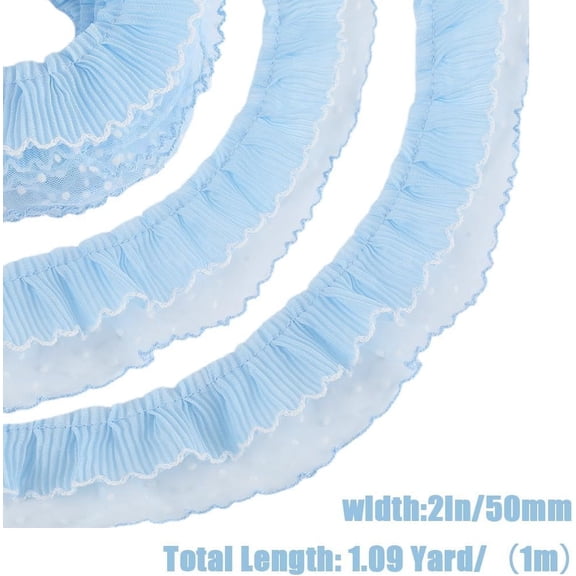 1set CABODYALS 1M 2-Layer Fibre Mesh Polka Dot Pleated Lace Ribbon Clothing Accessories Sky Blue 2 inch(50mm)