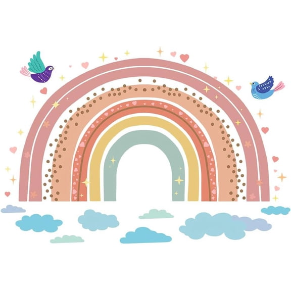1set Cartoon Boho Rainbow Wall Sticker Birds Wall Decal Colorful Rainbow Heart Vinyl Wallpaper Rainbow Decals
