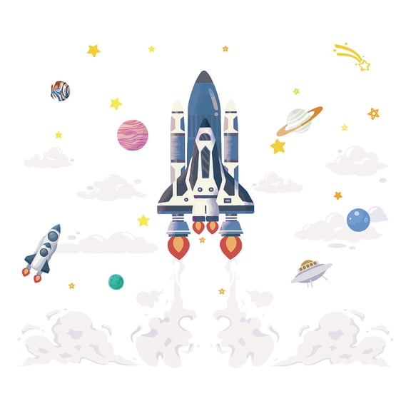 1set Cartoon Rocket Stickers Colorful Space Saucer Wall Art Planetary Clouds Wall Decals Peel and Stick Removable Wall Stickers for Boy's Room Children's Room Space Fans