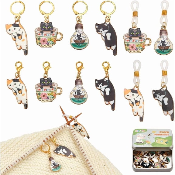 1set Cat Alloy Enamel Locking Stitch Markers & Needle Cap set Golden 3.8~5.2cm 12pcs/set