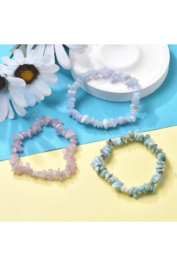 1set Chips Natural Larimar & Blue Lace Agate & Kunzite Beaded Stretch Bracelets sets Stackable Bracelets Inner Diameter: 2-1/8 inch(5.5cm) 3pcs/set