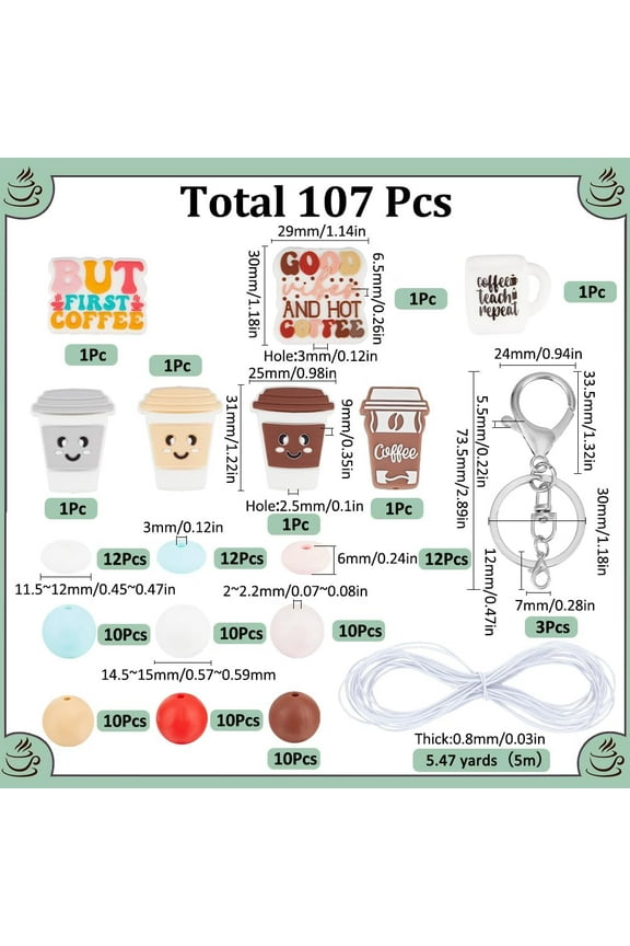 1set Coffee Theme Silicone & Iron Keychain Making Kits Mixed color 11.5~73.5x0.8~30x0.8~15mm Hole: 2.2~3mm