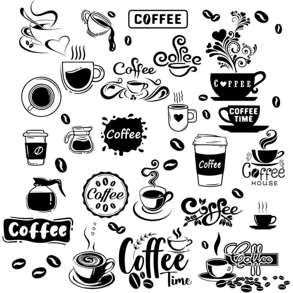 1set Coffee Wall Decor Stickers Black Coffee Beans Cups Wall Decals Removable DIY Vinyl Art Sticker Decor Station Decorations Signs for Kitchen Shop Cafe Pub Office 22.8x15.8Inch