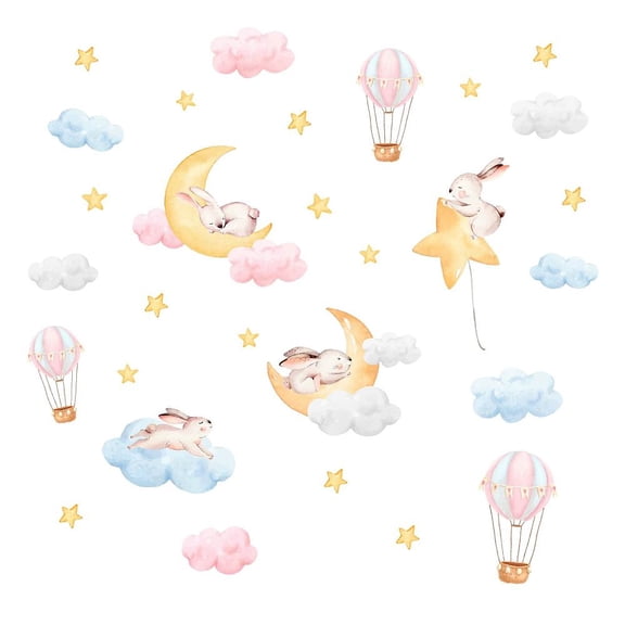 1set Colorful Cloud Rabbit Wall Sticker Moon and Star Wall Decor Hot Air Balloon Wall Decals Vinyl Wall Art Decal for for Room Bedroom Living Room Decorations