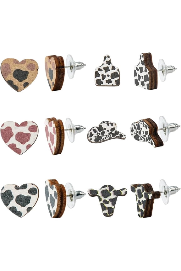 1set Cow Pattern Stud Earring sets With Wood and Steel Needle Mixed Shapes 9~14.5x11~17.5mm
