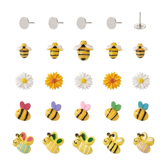 1set Craftdady 120pcs Bees & Daisy Shape Sofa Foam Nails Making Kits Including Iron Flat Head Nails and Resin Cabochons Mixed color 15x10.8mm Pin: 1.3mm