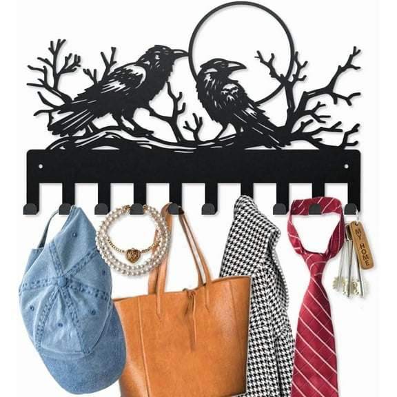 1set Crows Moon Metal Coat Hooks for Wall 15.79.8inch Branches Dead Woods Wall Mounted Key Rack 10 Hooks Birds Raven Pattern Black Art Key Holder for Coats Hats Towels Bags Hanging