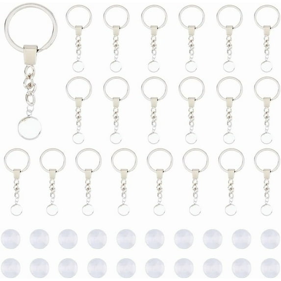 1set DIY Blank Domen Charm Keychian Making Kits Including Alloy Split Key Rings Brass Pendant Cabochon Settings Glass Cabochons Platinum & Silver 20pcs/set