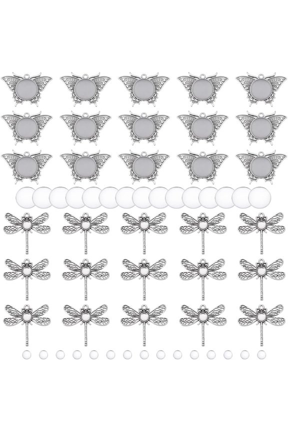 1set DIY Butterfly Dragonfly Pendants Making Kits including Alloy Pendant Cabochons Settings Transparent Glass Cabochons Silver 33x49x3mm DIY