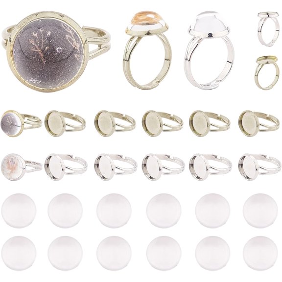 1set DIY Finger Ring Making Kits with Adjustable Brass Ring Components and 12mm Transparent Clear Half Round Glass Cabochon Platinum & Golden 60pcs/set