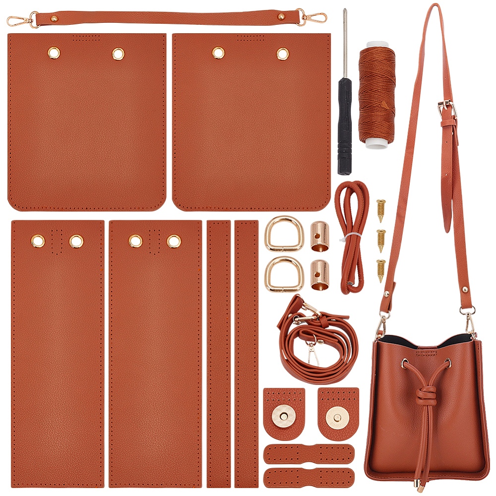 1set DIY Imitation Leather Sew on Women's Crossbody Bucket bag Making Kit including Fabrics D Rings Screw Cord and Needle Screwdriver Sienna Fihished Product: 220x200x100mm