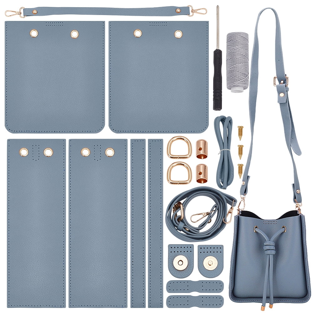 1set DIY Imitation Leather Sew on Women's Crossbody Bucket bag Making Kit including Fabrics D Rings Screw Cord and Needle Screwdriver Slate Gray Fihished Product: 220x200x100mm