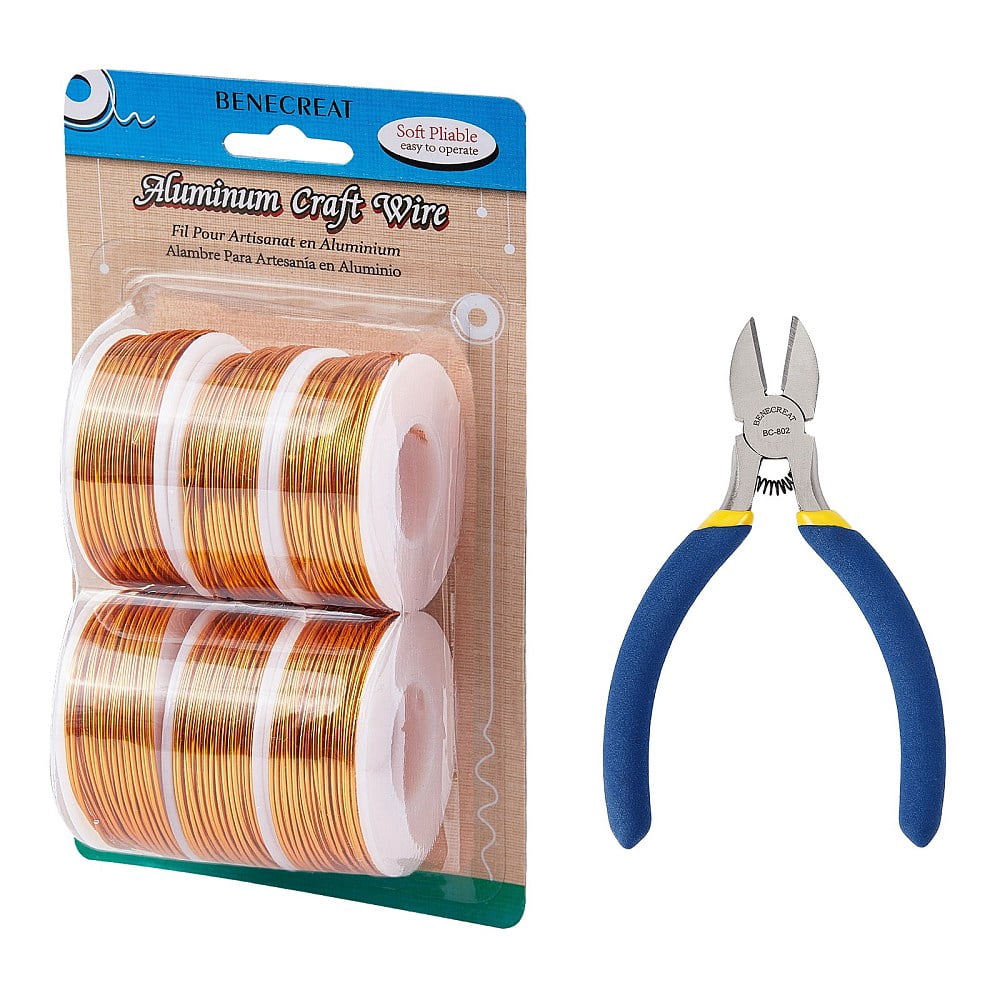 1set DIY Jewelry Kits with Aluminum Wire and Iron Side Cutting Pliers Gold 1mm 23m/roll 6rolls/set