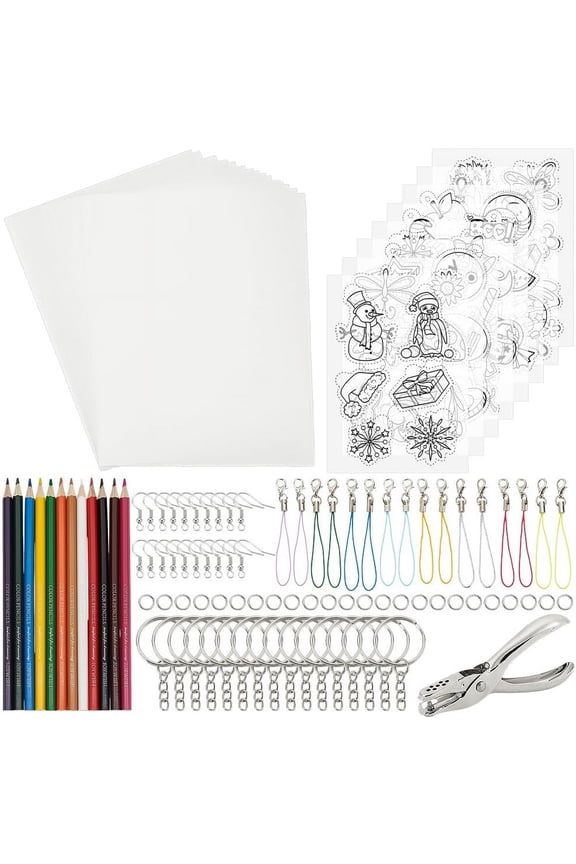 1set DIY Plastic Heat Shrink Sheets Jewelry Sets Making Kits including Alloy Handheld PuncherIron Earring Hooks Rings Polyester String 200x145x0.3mm