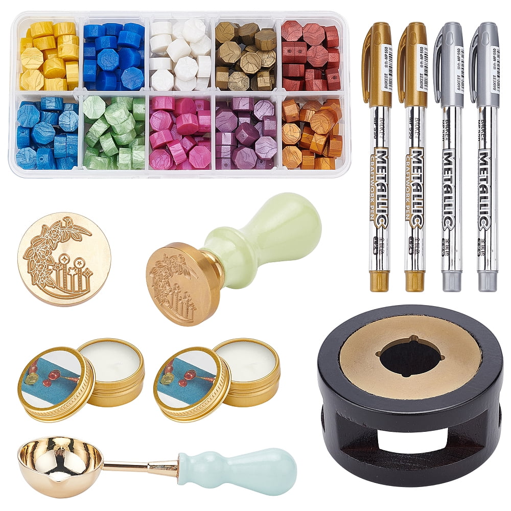 1set DIY Scrapbook Making Kits Including Sealing Wax Particles Sealing Wax Melting Furnace Pear Wood Handle Brass Wax Seal Stamp Marking Pen Brass Spoon Paraffin Candles Mixed color