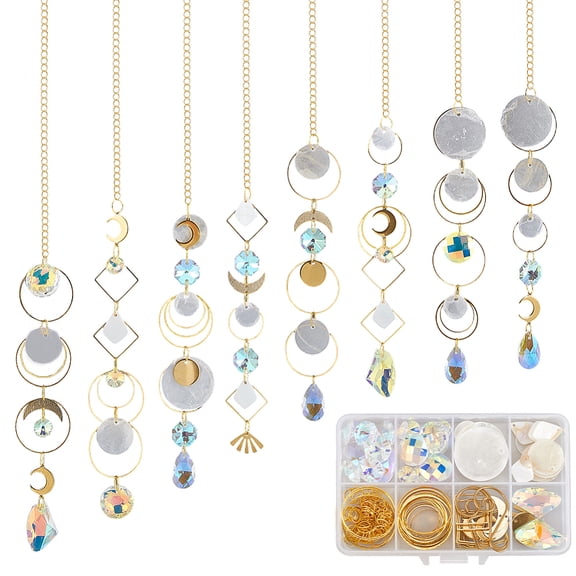 1set DIY Shell Hanging Suncatcher Making Kits include Jump Rings Brass Linking Rings Curb Chains Iron S-Hook Clasps Glass Pendants Colorful 8x1mm