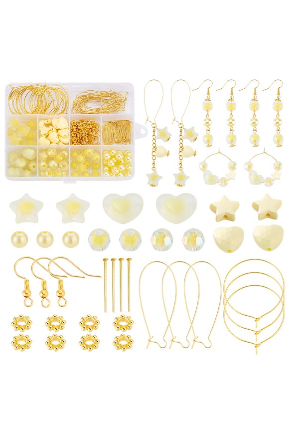1set Ear Wire DIY Kits Include Acrylic Beads Iron Flat Head Pins Brass Hoop Earrings Settings Yellow 9.5mm Hole: 2mm