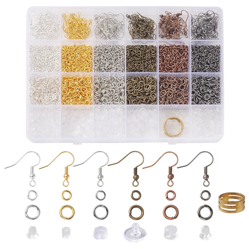 1set Earring Making Finding Kit Including Brass Earring Hooks & Jump Rings & Ring Tools Plastic Ear Nuts Tweezers Mixed color 3568pcs/box