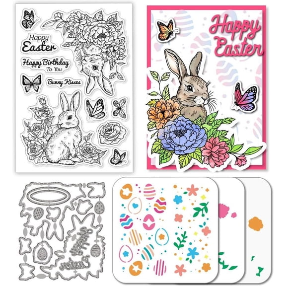 1set Easter Theme DIY Scrapbooking Tool sets including Carbon Steel Cutting Dies Stencils PET Painting Stencils and PVC Plastic Clear Stamps Rabbit Stamp: 160x110x3mm
