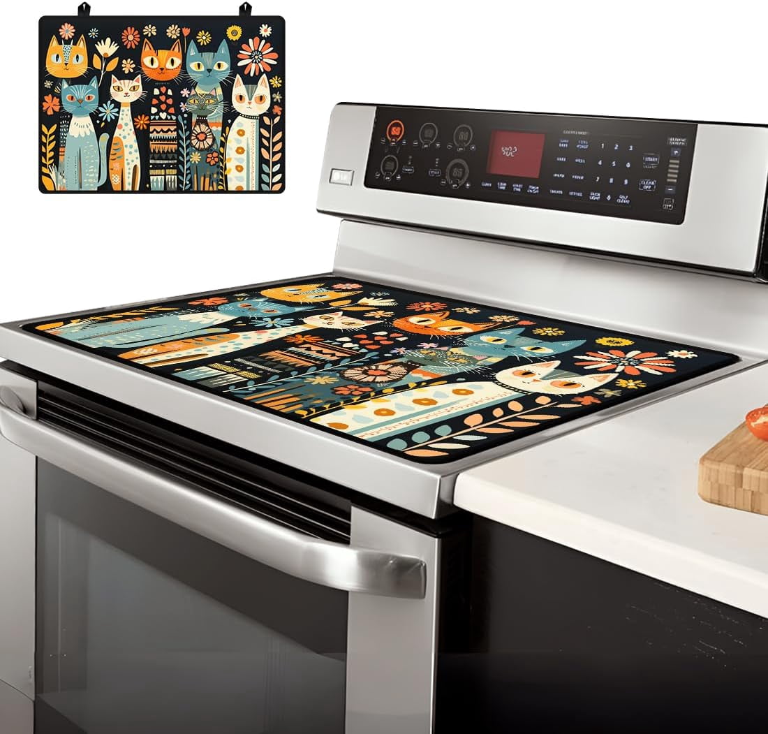 1set Electric Stove Cover 20.47x28.35" Stove Top Cover for Electric Stove Foldable Glass Cooktop Protector Non-Slip Top Protector Mat for Electric Stove Washer and Dryer (Cute Cat) Colorful