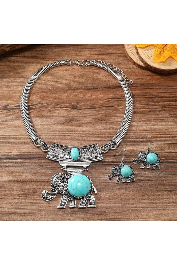 1set Elephant Alloy Resin Necklaces & Dangle Earrings sets Turquoise 350mm