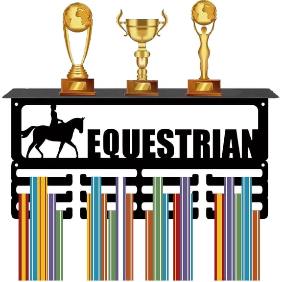 1set Equestrian Medal Hanger Troy Shelf Medal Display Stand Iron Awards Rack Wall Mounting Sport Medal Hanger Hooks Ribbon Badge Exhibition Holder for Athletes Competition Medalist 7.9x15.7in 1set